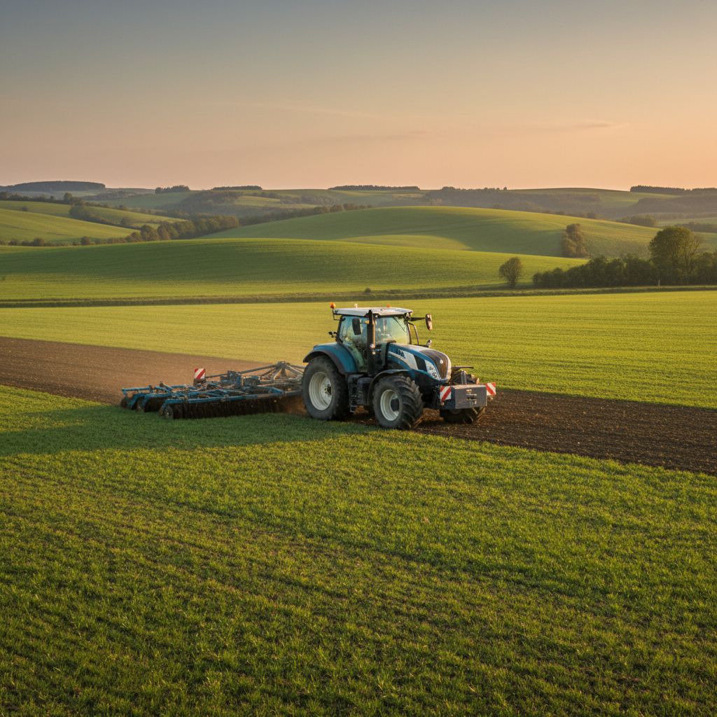 Un tracteur agricole moderne avec des outils attachés, dans un champ verdoyant du Cantal, avec des collines en arrière-plan.