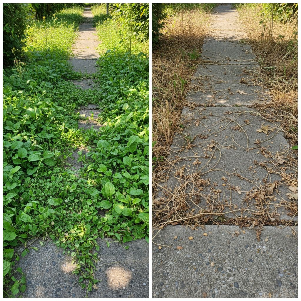 Image avant/après montrant une zone envahie de mauvaises herbes puis la même zone quelques jours après un passage au désherbeur thermique, avec les herbes desséchées.