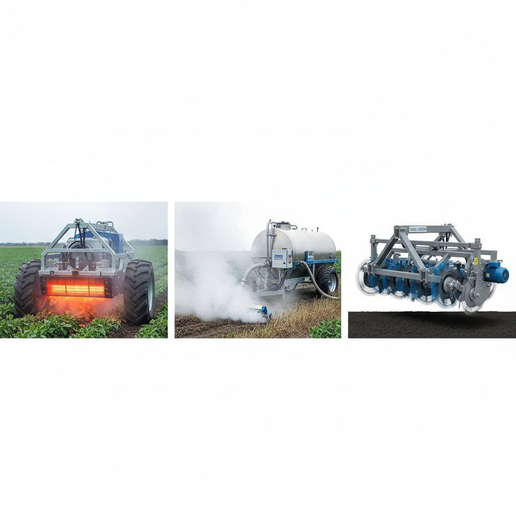 Un schéma simple comparant trois méthodes de désherbage: Thermique (rapidité), Vapeur (profondeur) et Mécanique (sol), avec des pictogrammes clairs.