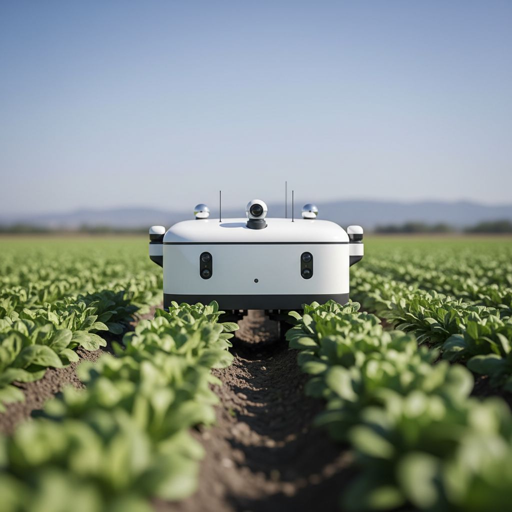Un robot de désherbage autonome de type Oz naviguant dans un champ de légumes.
