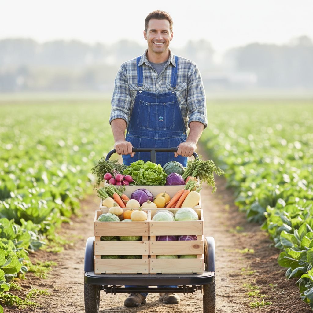 Un agriculteur utilisant un chariot de récolte à assistance électrique pour transporter des caisses de légumes sans effort.