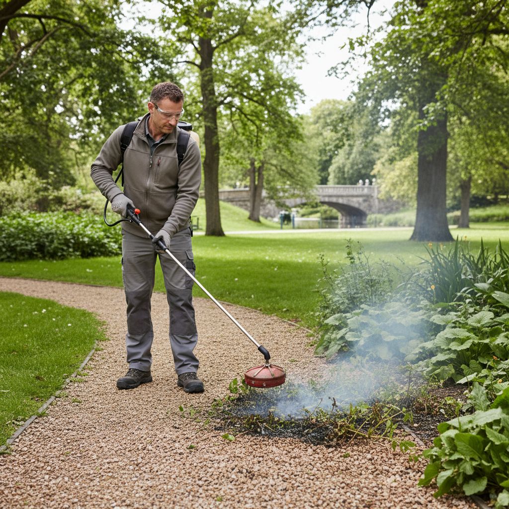 Un agent municipal utilisant un désherbeur thermique à air chaud dans un parc public, avec une lance dirigée vers des mauvaises herbes sur un sentier en gravier.