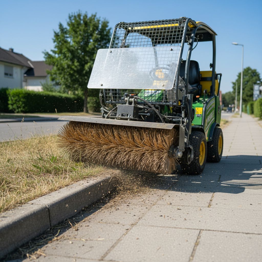 Une machine de désherbage mécanique avec une brosse rotative en action sur le bord d