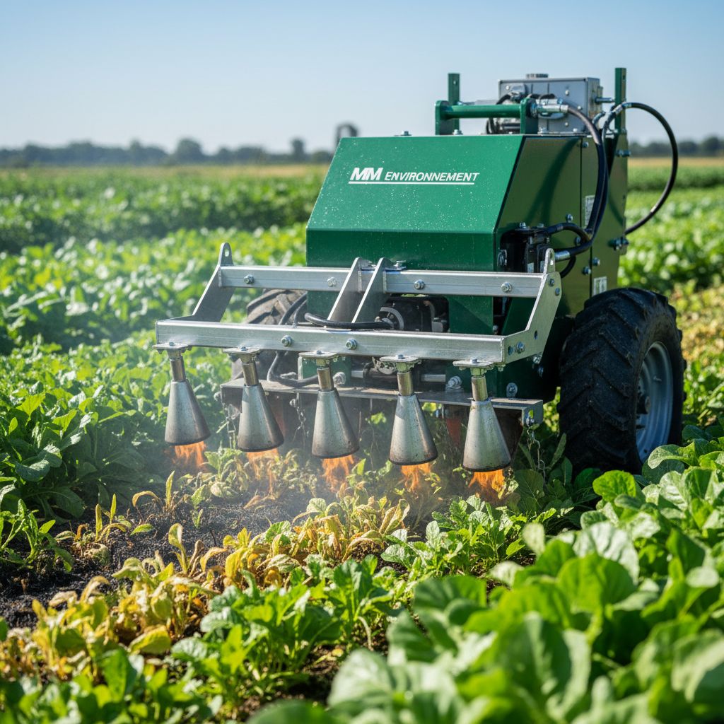 Une machine de désherbage thermique innovante, conçue par MM Environnement, en action dans un champ de maraîchage biologique.