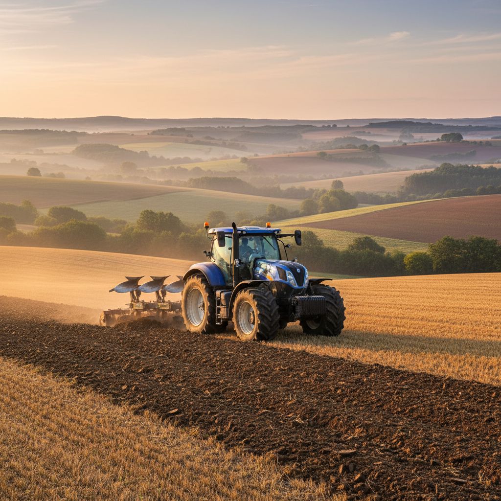 Un tracteur agricole travaillant dans un champ vallonné de l