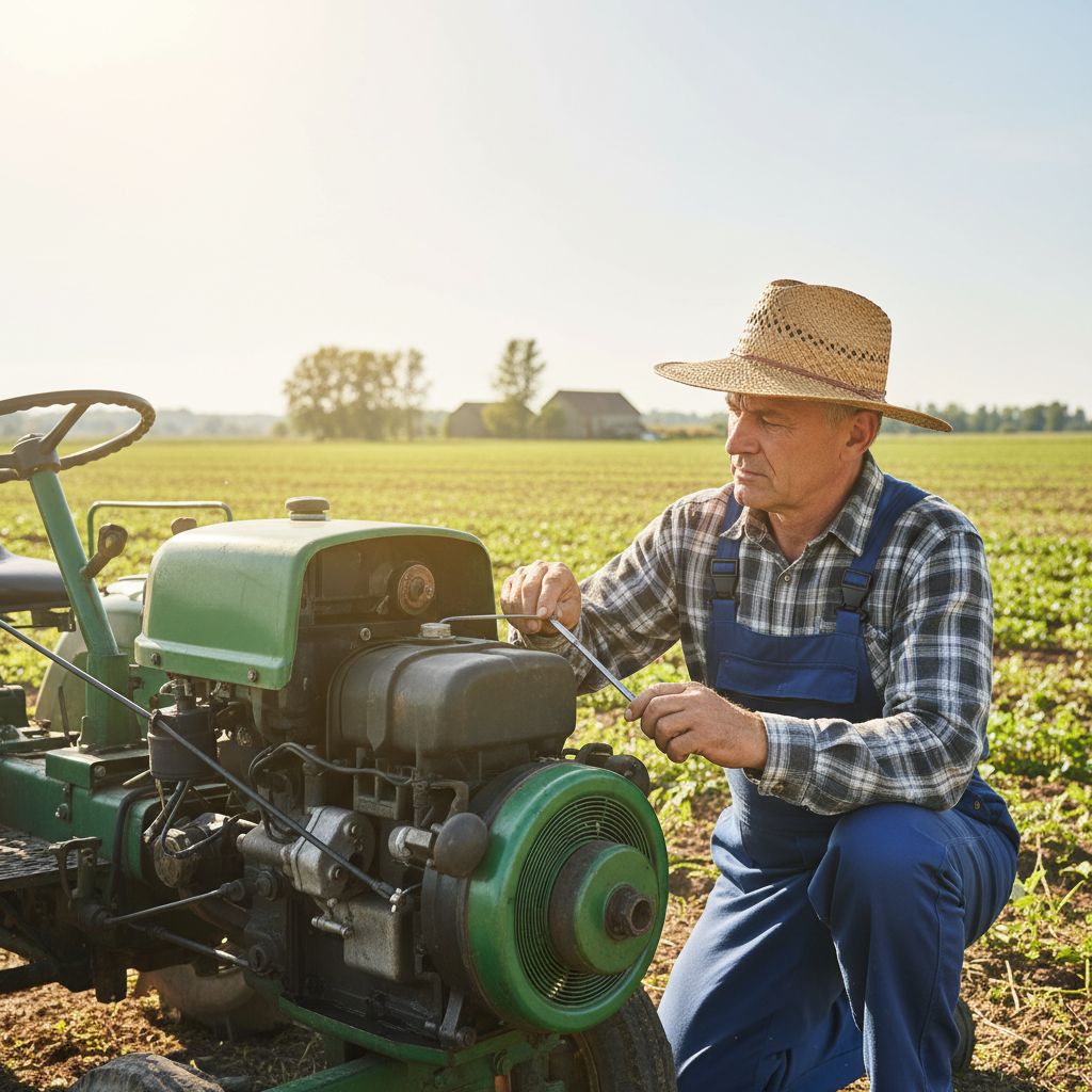 Un agriculteur en tenue de travail inspecte de près le moteur d