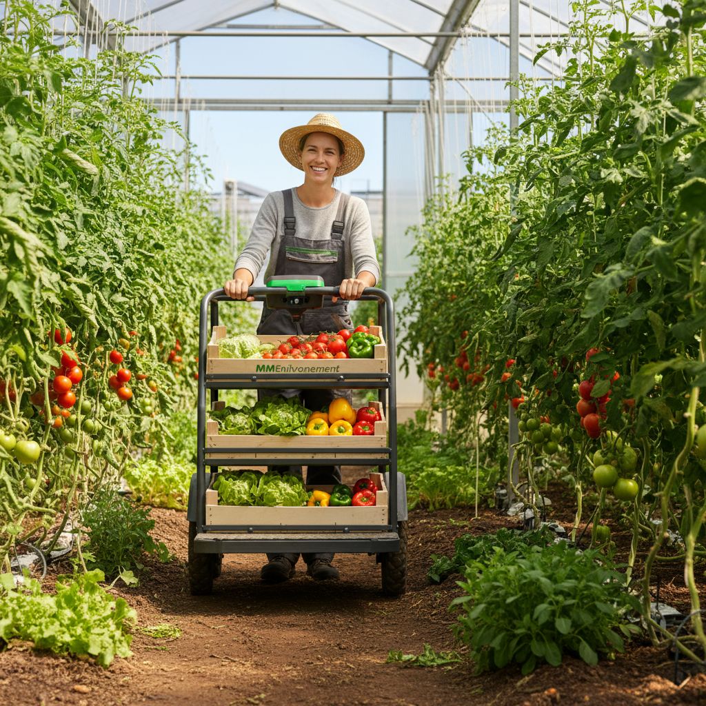 Un chariot de récolte à assistance électrique conçu par MMEnvironnement, montré en action dans une serre maraîchère, facilitant le travail de l