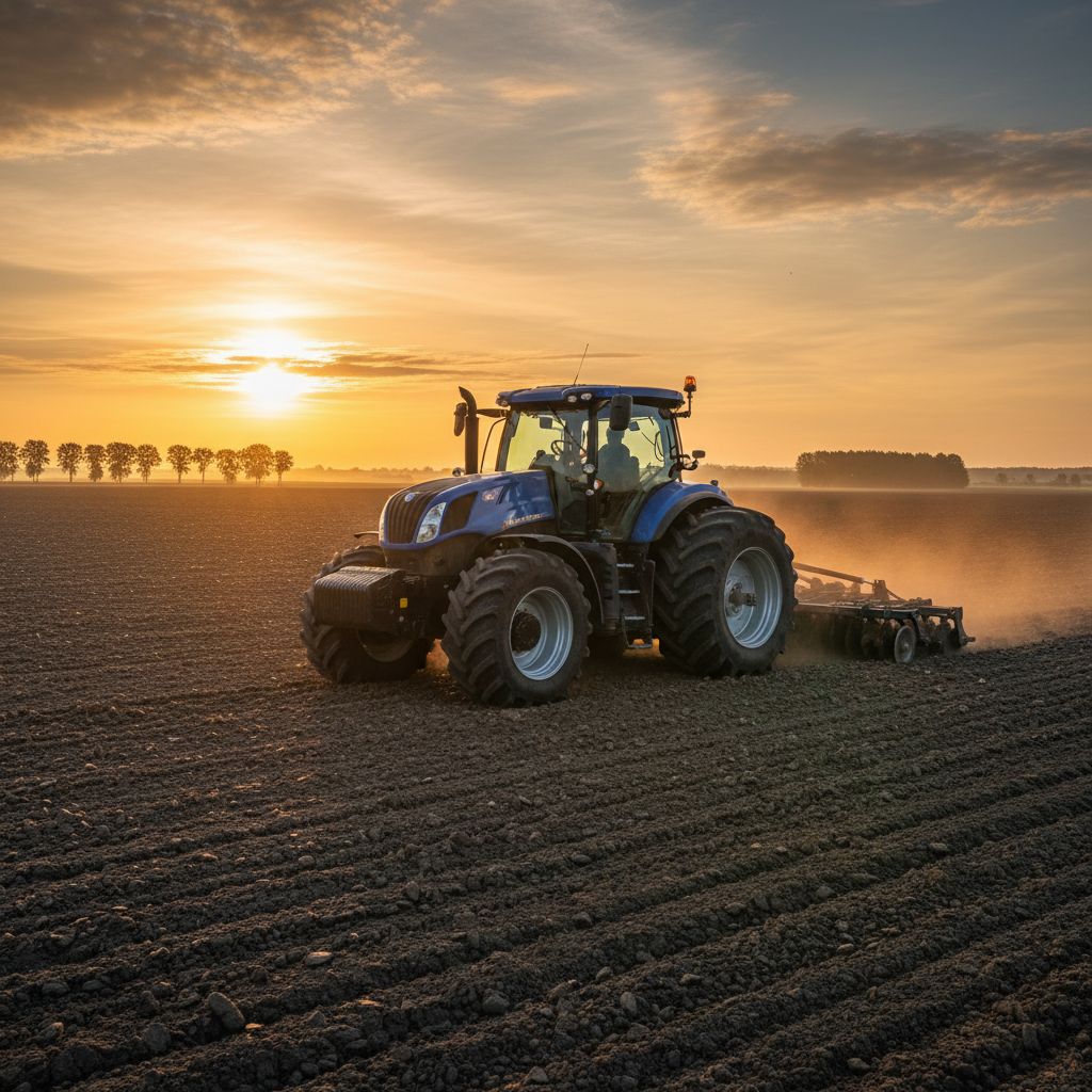 Un tracteur moderne et robuste travaillant dans un champ au lever du soleil, symbolisant l