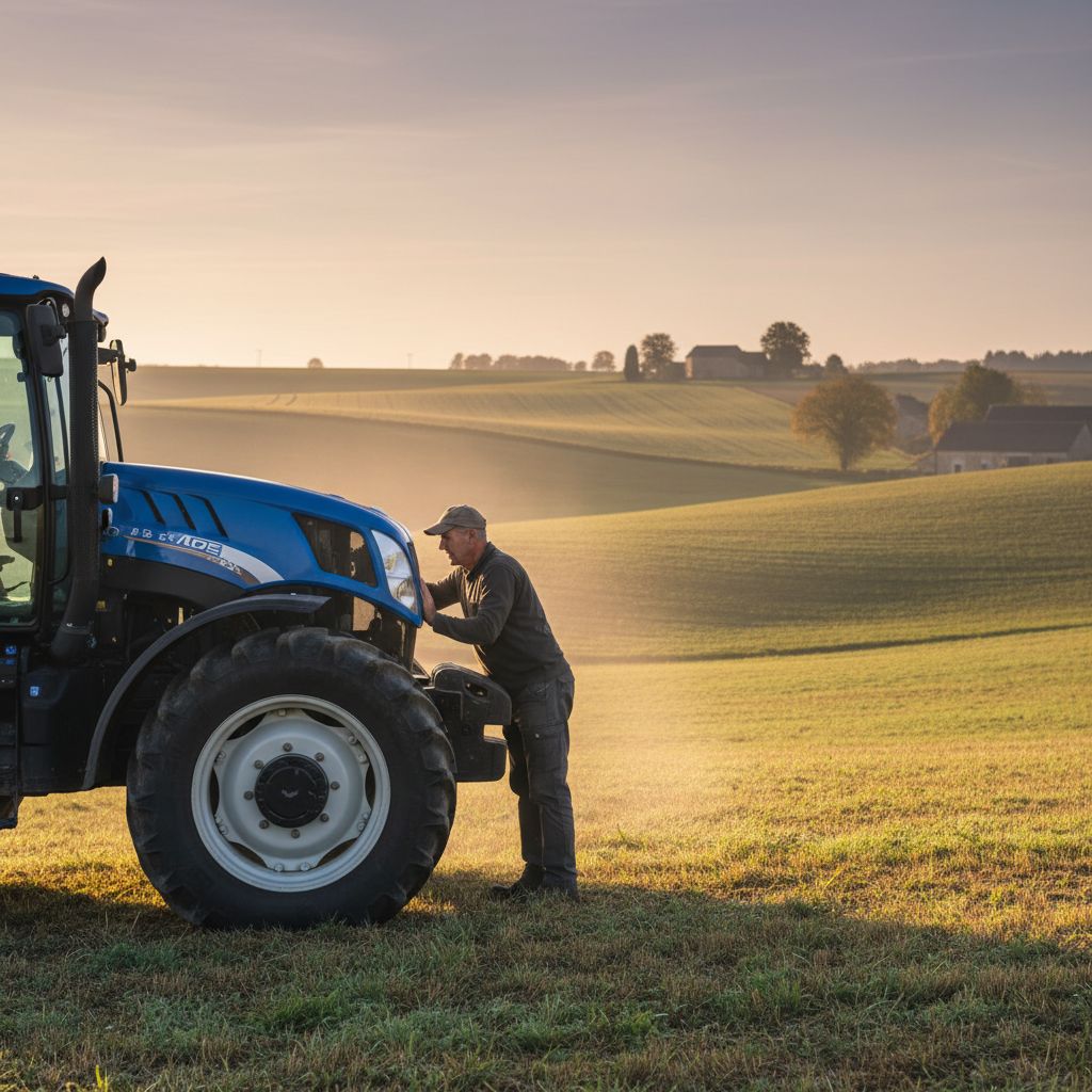 Un agriculteur inspectant un tracteur dans un champ vallonné de la Creuse au lever du soleil.