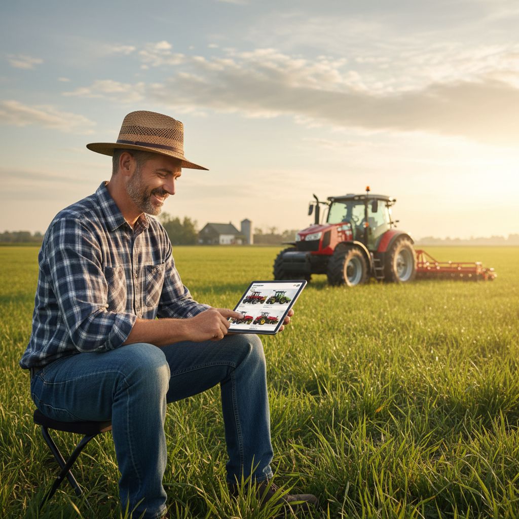 Un agriculteur moderne souriant, debout dans son champ au lever du soleil, consulte des annonces de matériel agricole sur une tablette. En arrière-plan, un tracteur récent est garé, symbolisant la fusion de la technologie et de l