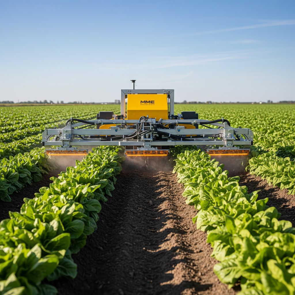 Une machine de désherbage thermique sur mesure signée MME, qui travaille avec une grande précision entre des rangs de légumes.