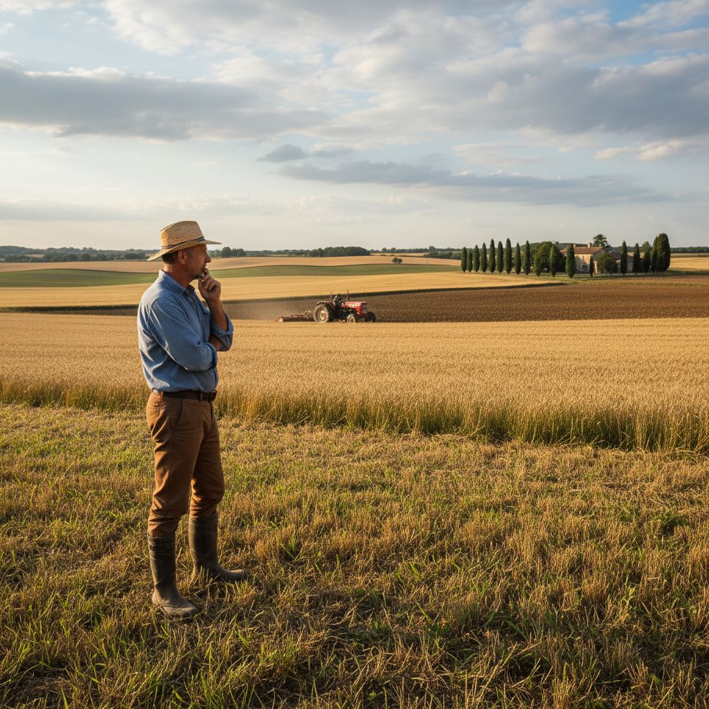 Un agriculteur pensif dans la campagne du Gers, contemplant un champ avec un tracteur au loin.