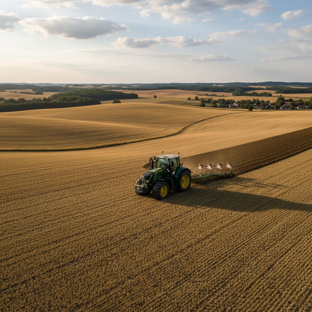 Un tracteur agricole robuste et polyvalent travaillant dans un champ vallonné qui évoque les paysages de la Lozère, sous un ciel partiellement nuageux.