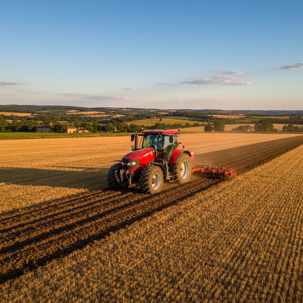 Un tracteur moderne travaillant dans un champ ensoleillé de la région Midi-Pyrénées, symbolisant un investissement dans du matériel agricole neuf et performant.