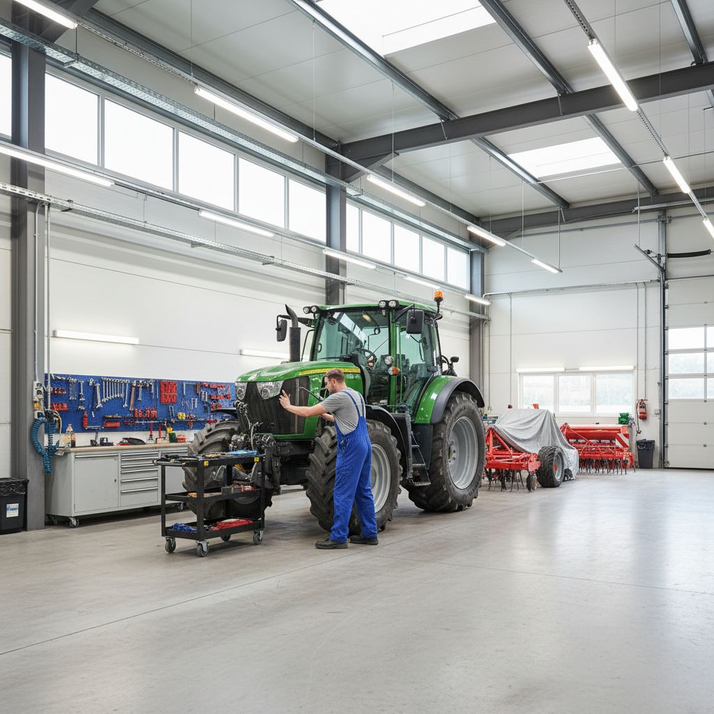 Un atelier de réparation pour matériel agricole, propre et bien éclairé, avec un technicien effectuant la maintenance sur un tracteur.