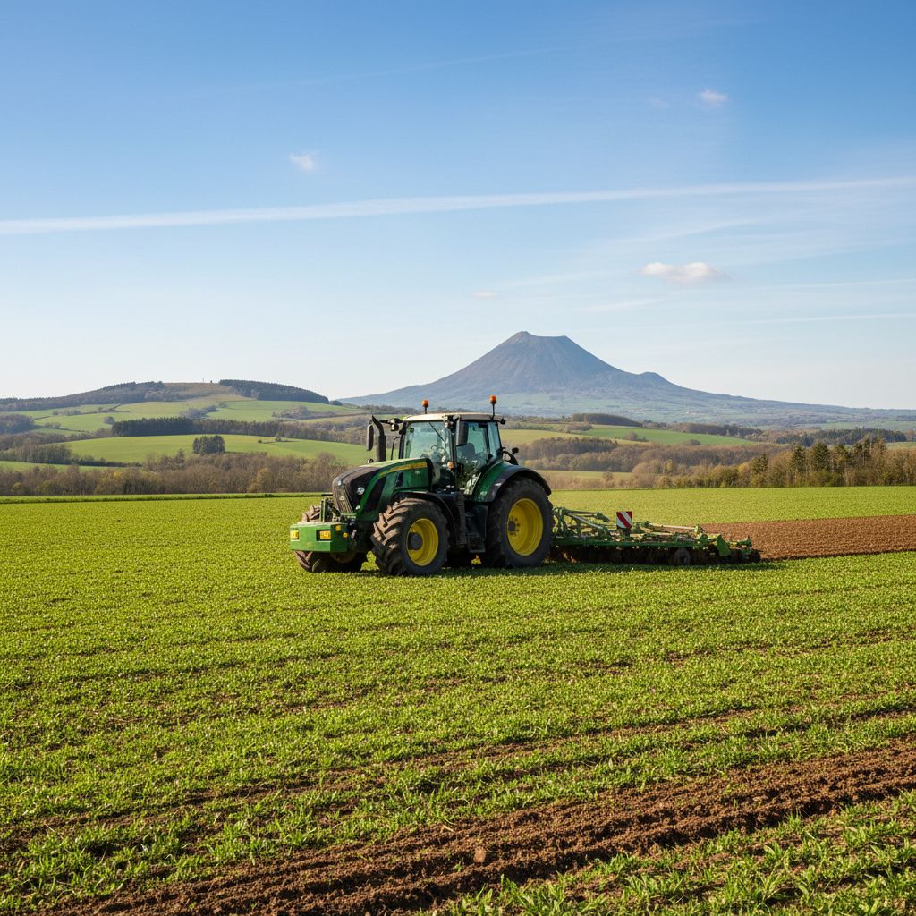 Un tracteur moderne travaillant dans un champ verdoyant avec les collines du Puy-de-Dôme en arrière-plan sous un ciel clair.