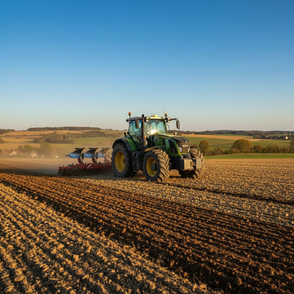 Un tracteur agricole moderne travaillant dans un champ ensoleillé de la Haute-Vienne, illustrant l