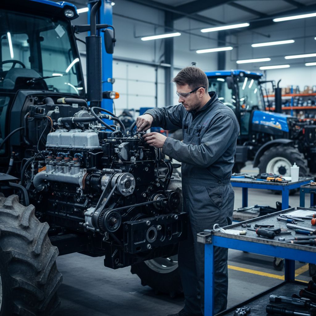 Un mécanicien agricole travaillant sur un moteur de tracteur dans un atelier propre et bien éclairé, symbolisant l