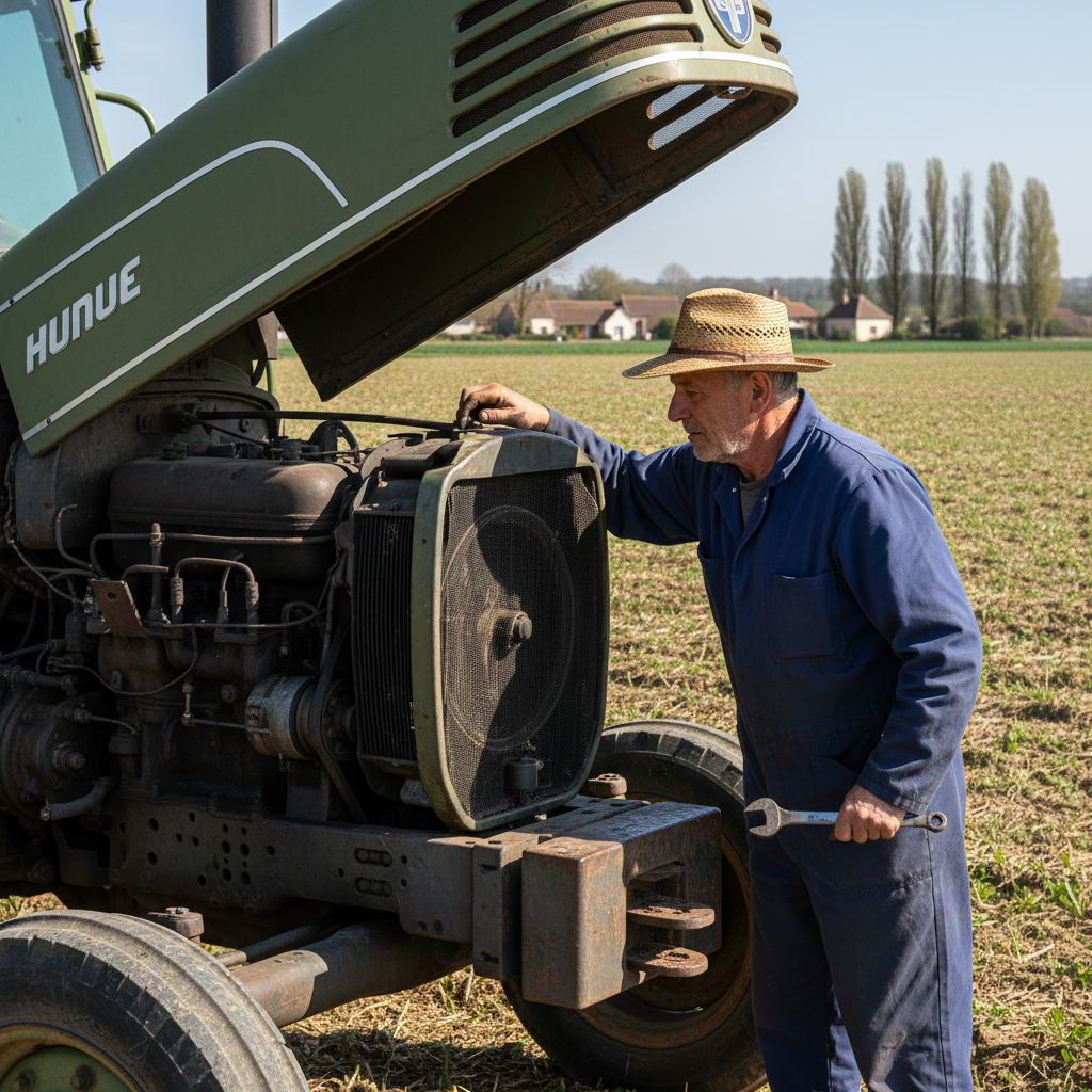 Un agriculteur examine de près le moteur d