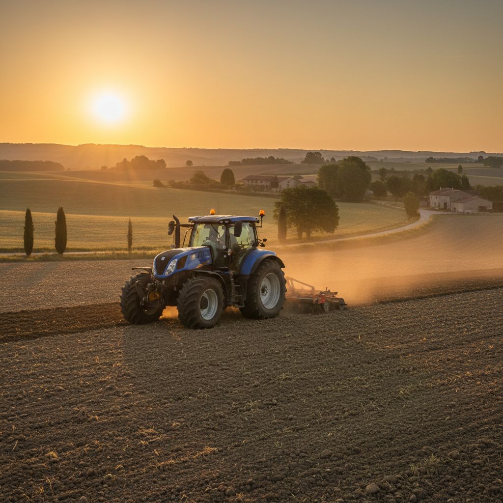 Un tracteur moderne et puissant en action dans un champ vallonné du Tarn, au lever du soleil. L
