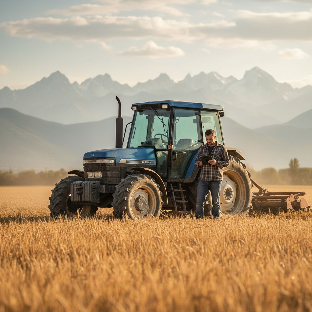 Farmer using a tablet in front of a used tractor in a field within Hautes-Pyrénées landscape
