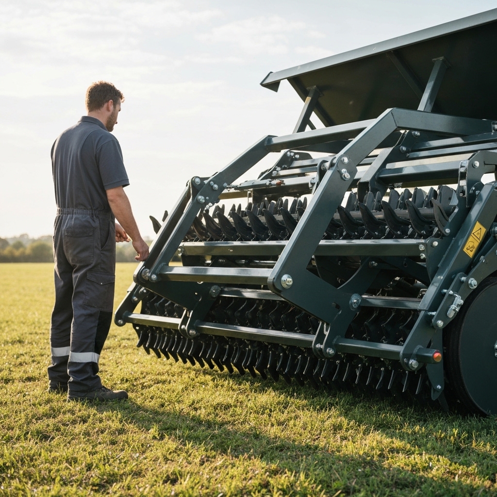 Un agriculteur en Saône-et-Loire inspectant un équipement de désherbage mécanique innovant dans un champ mixte