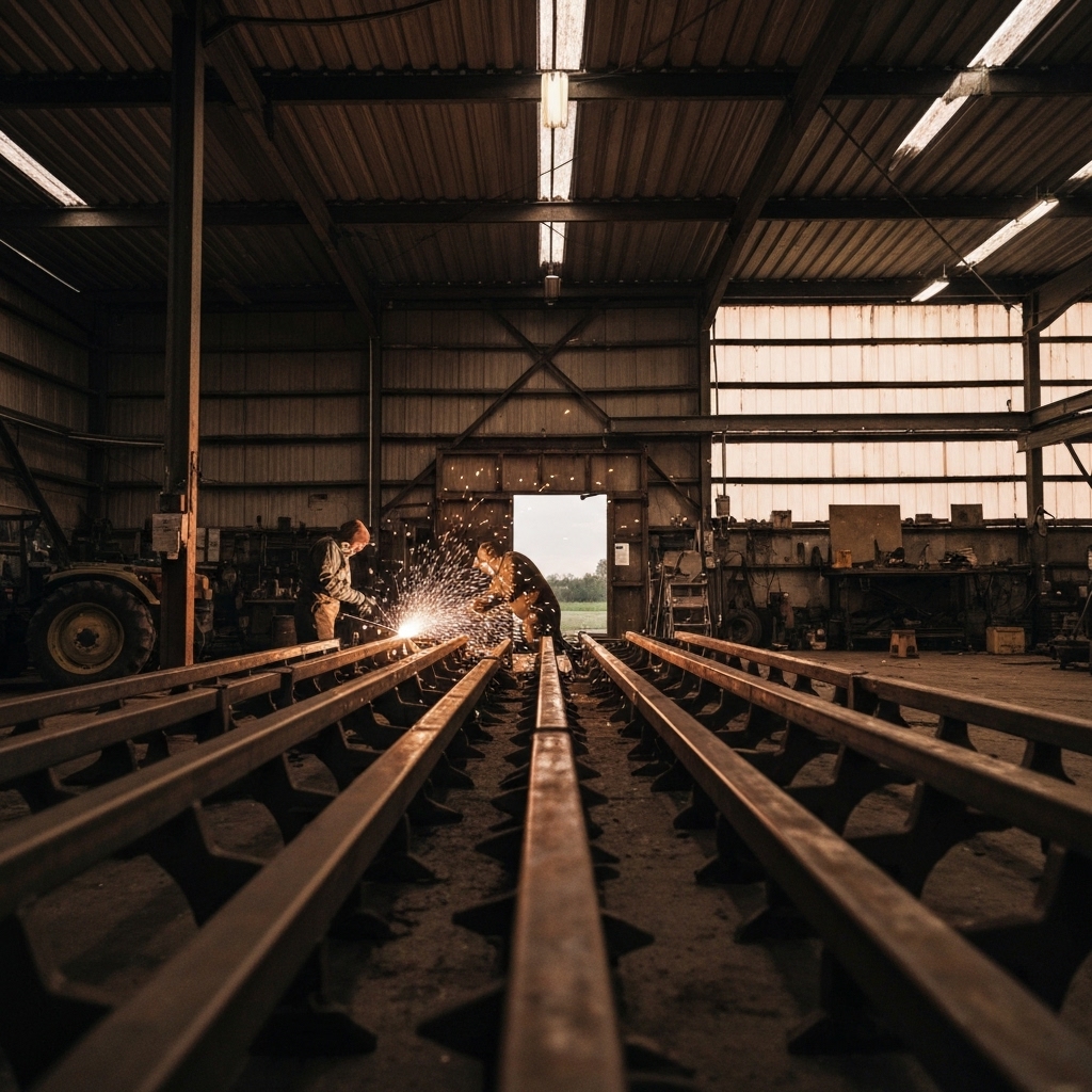 A wide angle shot of a messy but authentic agricultural workshop in France, with sparks flying from a welder working on a large metal tractor implement.