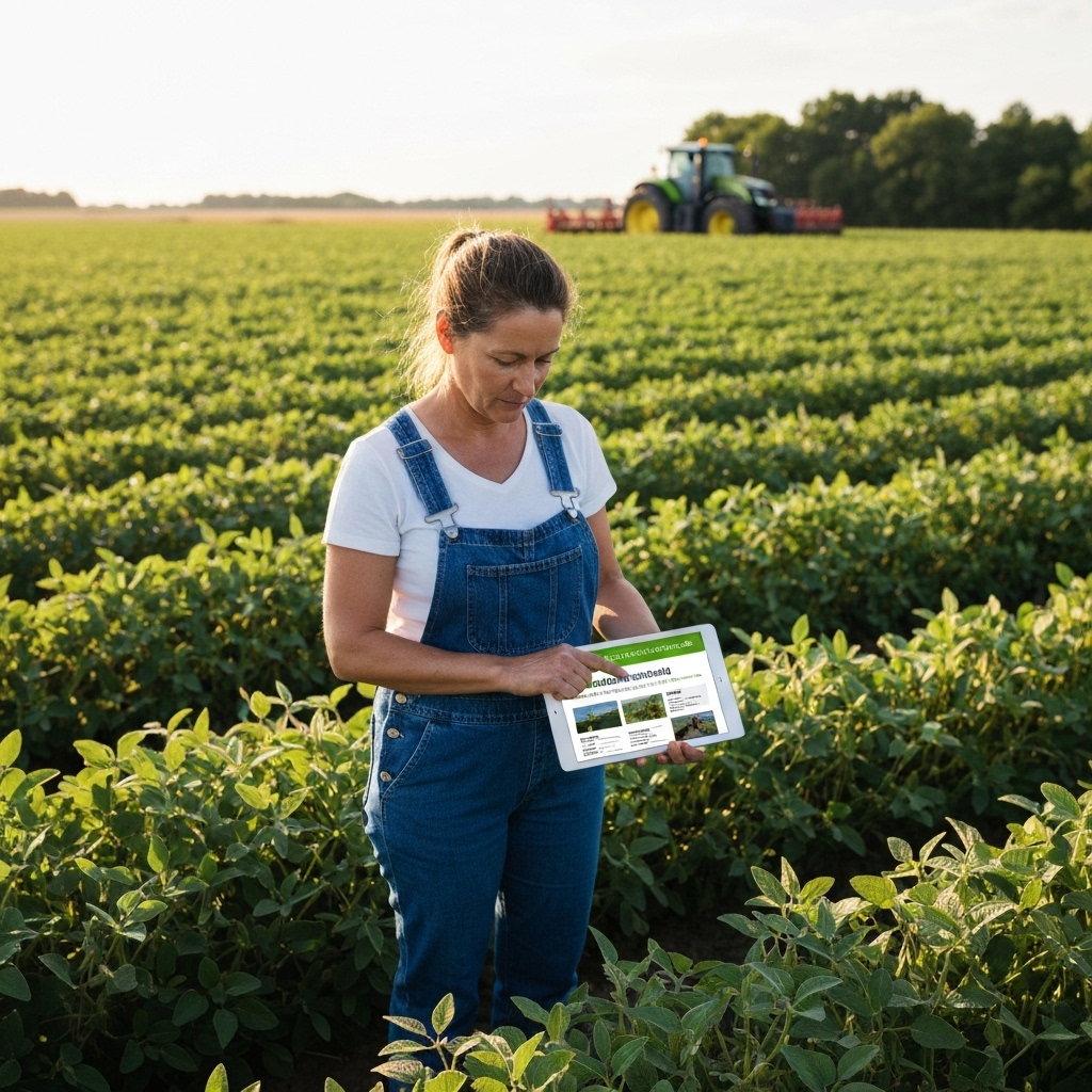 A farmer in a field holding a digital tablet displaying an agricultural classified ad with a tractor in the background, specifically designed for Allier region landscape.