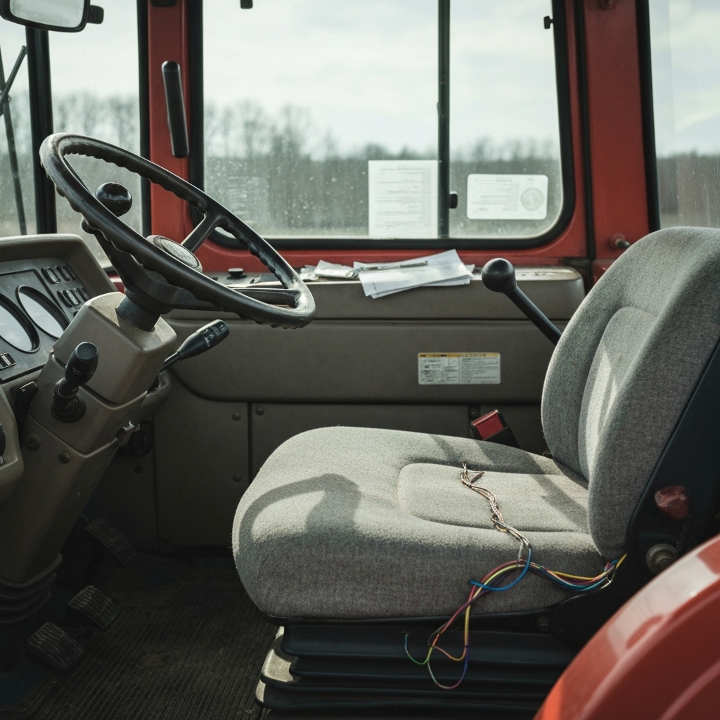 Close up detailed shot of a used tractor engine and hydraulic system showing signs of wear and tear inspection.