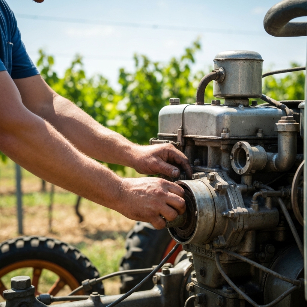 A professional inspecting a used tractor engine in a vineyard in Alsace, sunny day, close up on mechanic hands
