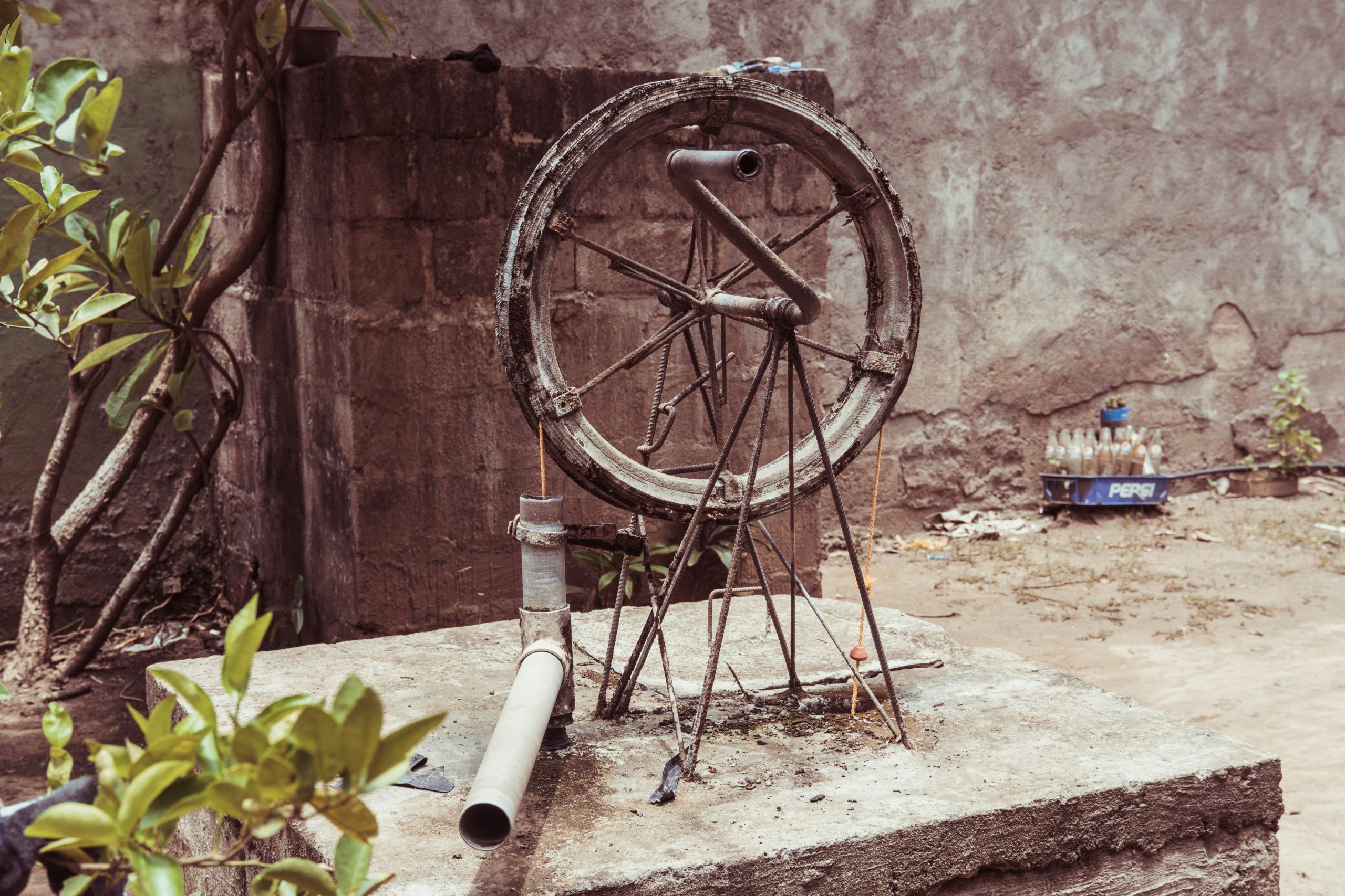 Close up technical shot of an electric motor wheel hub on a heavy duty wheelbarrow