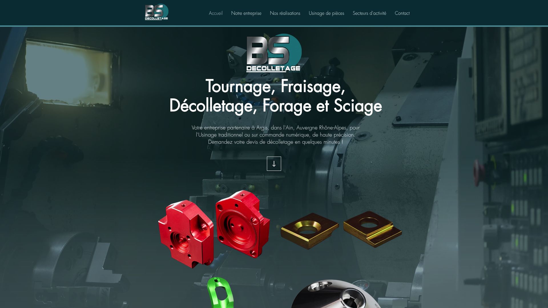 Screenshot of the website bs-decolletage.com showing their expertise in custom parts