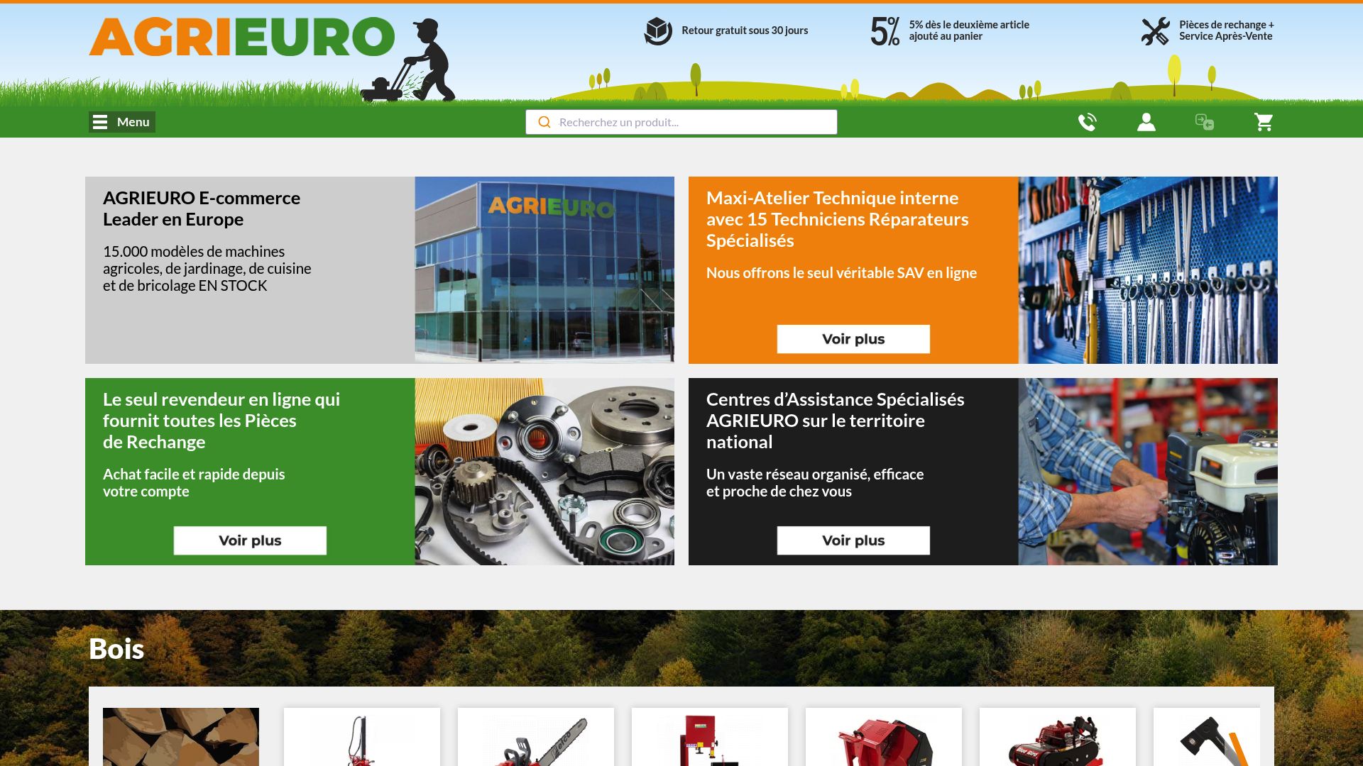 Screenshot of agrieuro.fr showing the category page for Desherbeurs thermiques et mecaniques with price filters visible