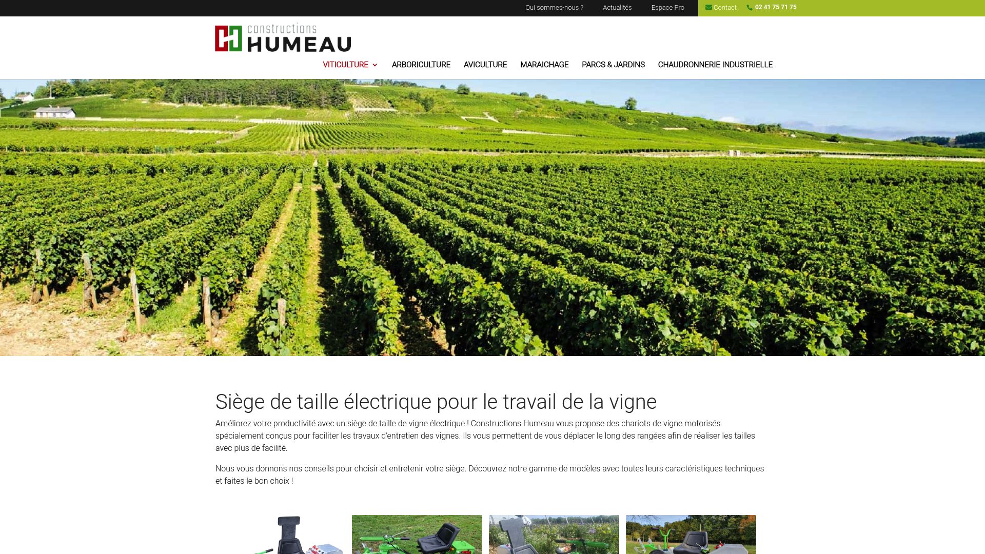 Construction Humeau website showcasing their electric viticulture carts range
