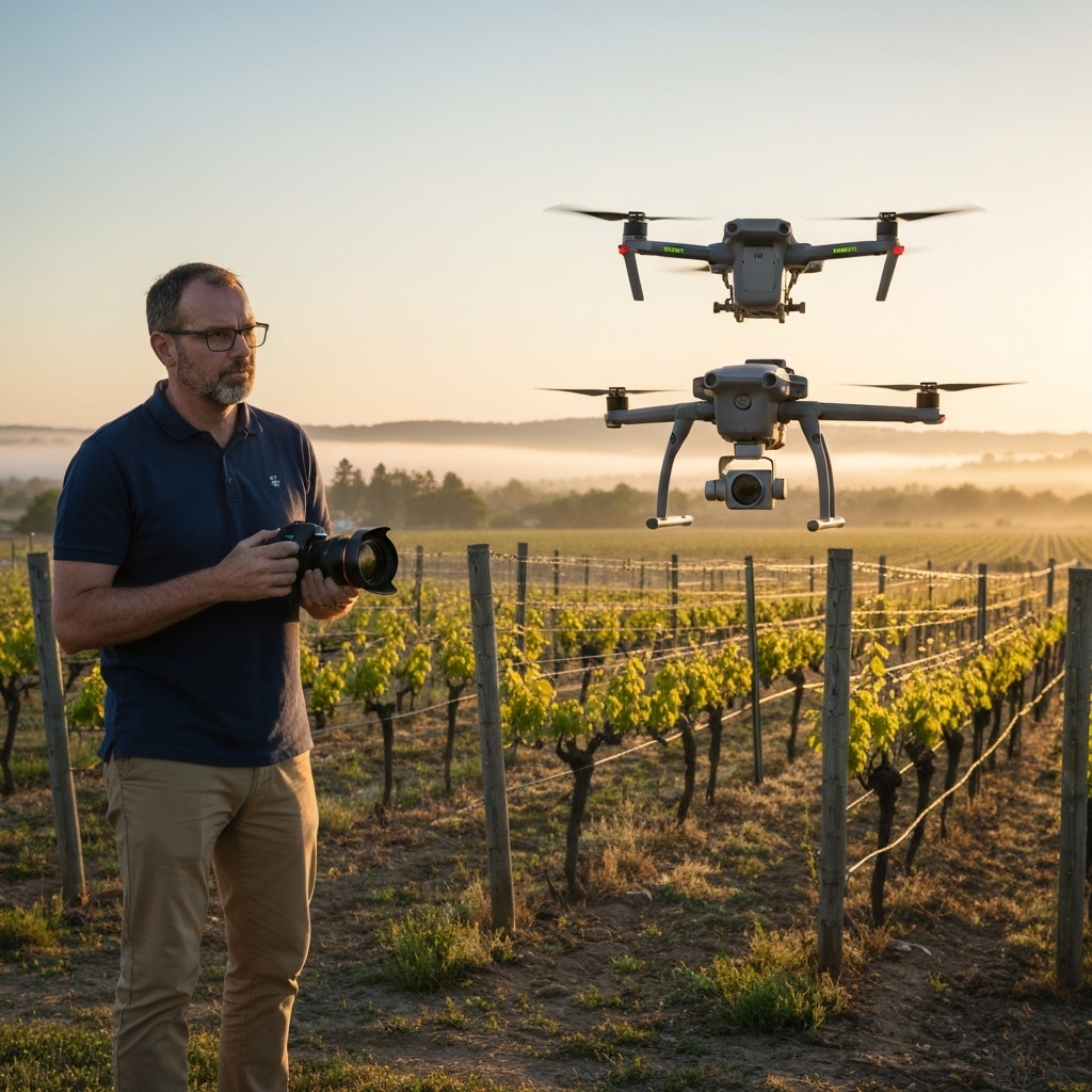 Professional photographer capturing a low-angle shot of a thermal weeding machine in a vineyard at sunrise, highlighting the steam and technology.