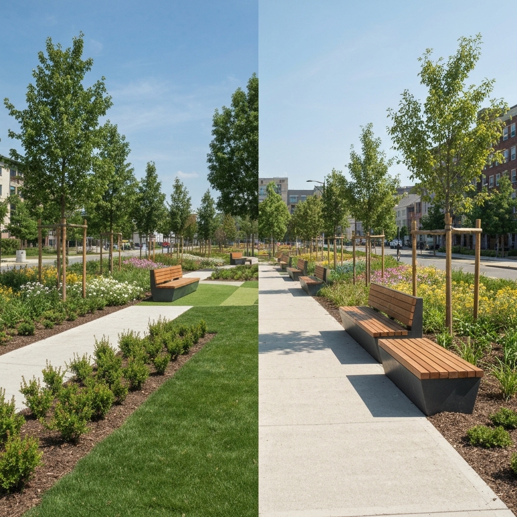 Before and after split image of a public park renovation, focusing on new sustainable planting and pathways.