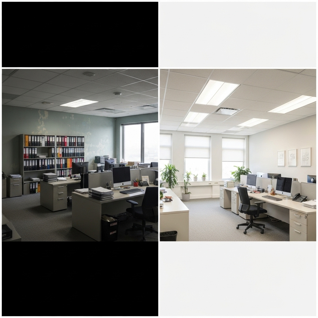 A split screen comparing a weed-infested pathway and a clean pathway after thermal weeding, showcasing the before and after effect clearly.