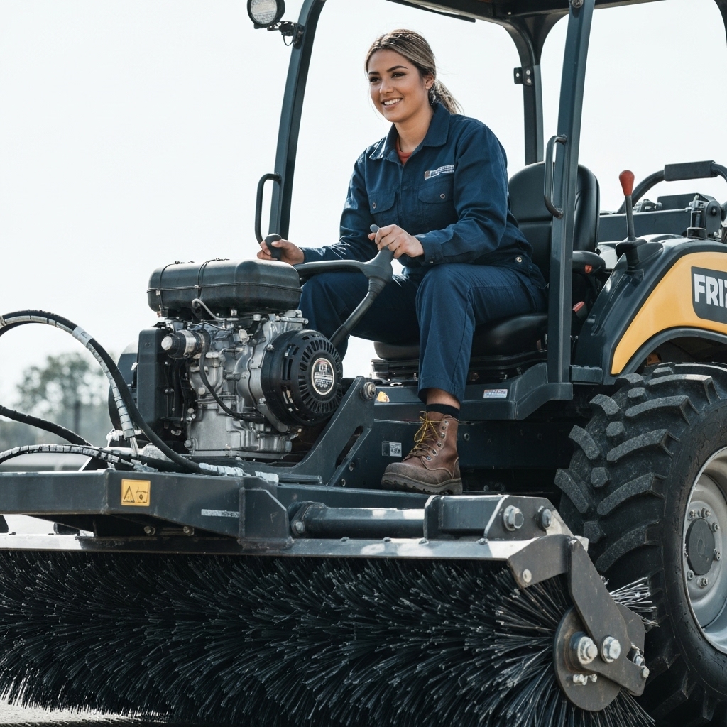 Professional landscaper using a mechanical weeding machine on a paved public area with focus on the brush action