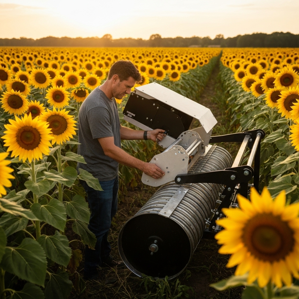 Agricultural engineer inspecting a custom metal part with blueprints in a field
