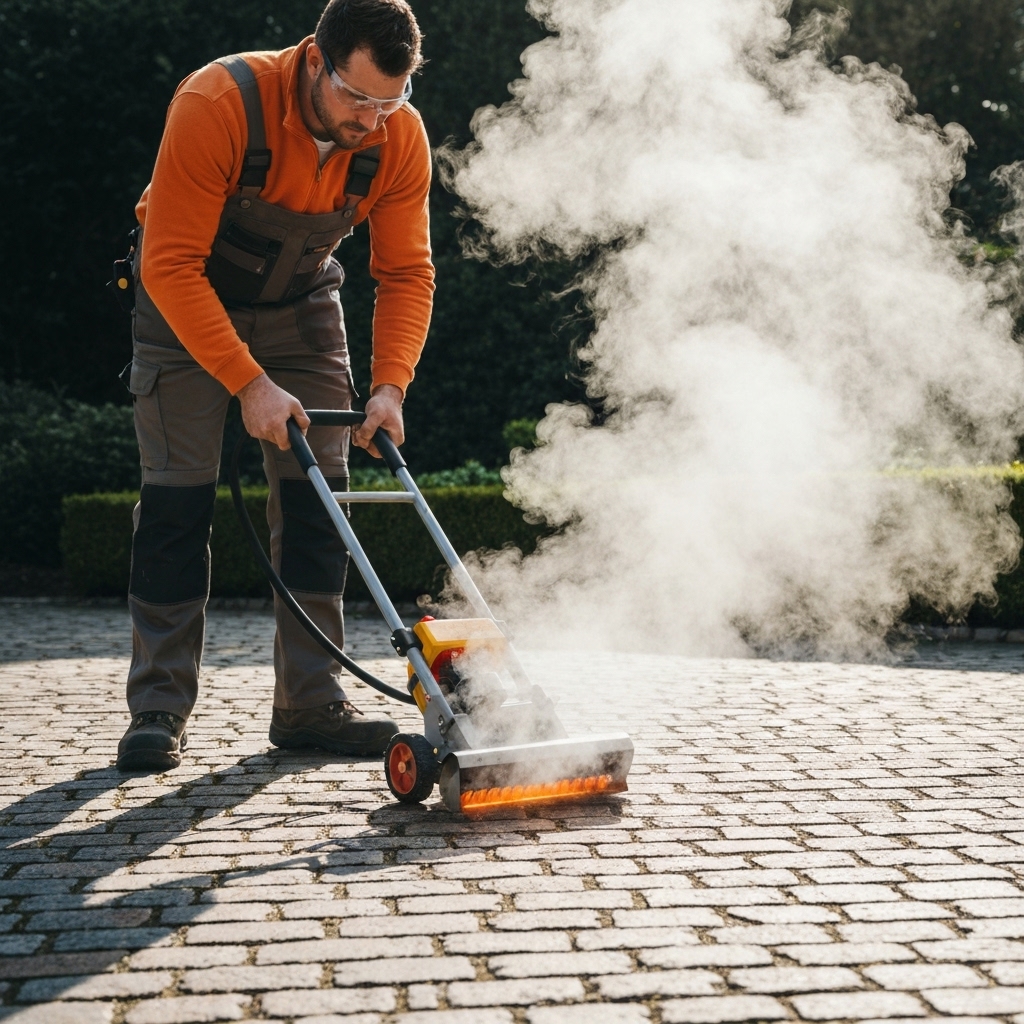 A professional landscaper using a thermal weeding machine on a cobbled pathway, steam or heat visible, high quality photography