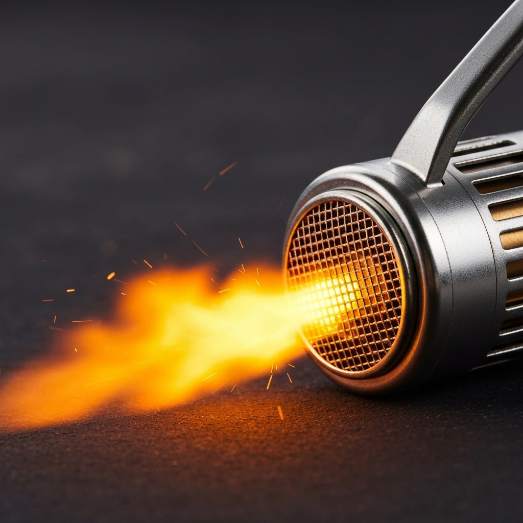Close up of a thermal weeder burner head showing the flame mechanism and robust metal construction