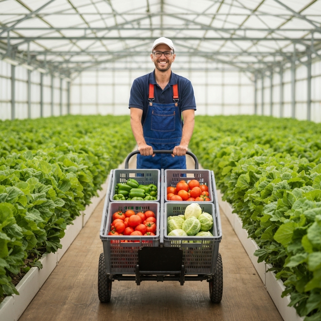 Maraîcher utilisant un chariot de récolte électrique moderne rempli de caisses de légumes dans une serre lumineuse