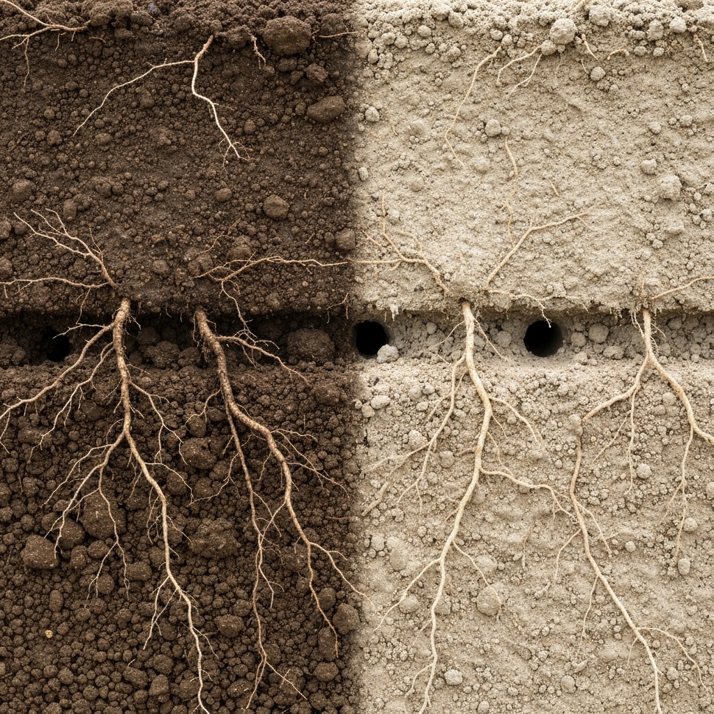 Close-up comparison of soil structure: one side treated chemically (compact) vs mechanically (aerated)