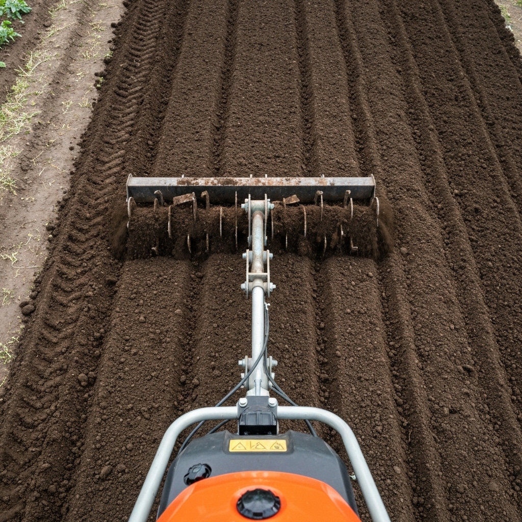 High angle shot of a roto-weeder implement working in a messy field with residues