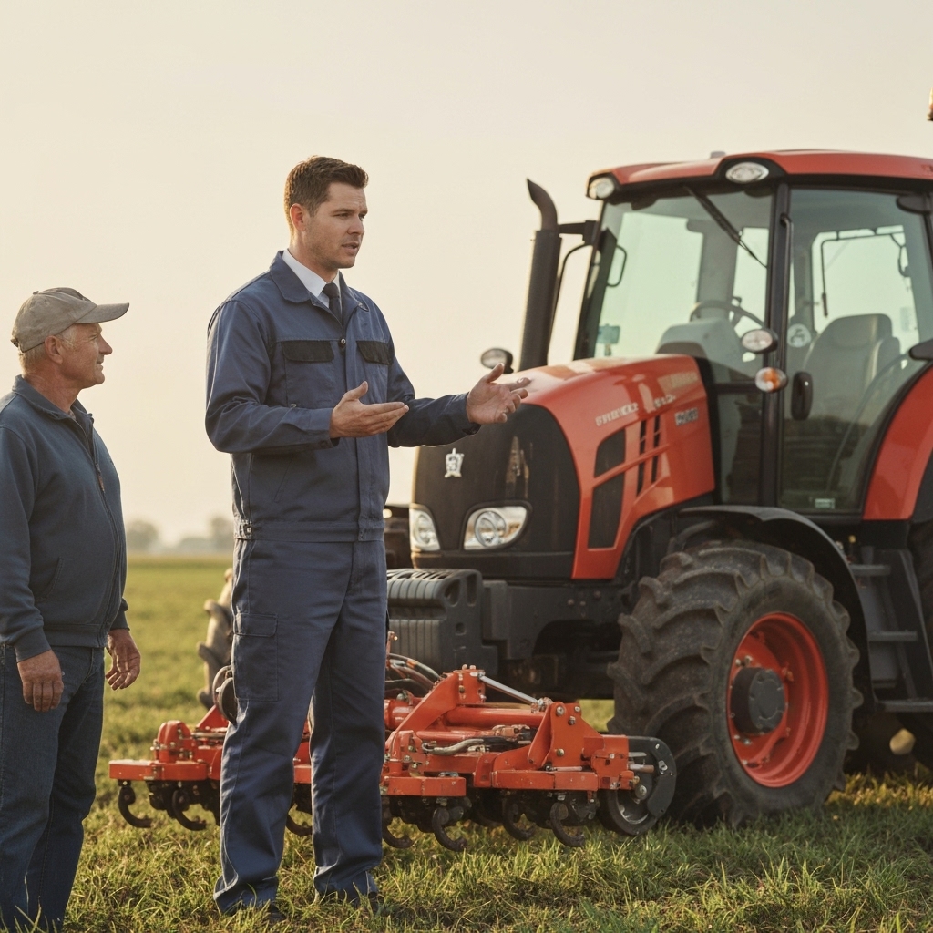 Professional agricultural consultant explaining mechanical weeding machine adjustments to a farmer near a tractor in a field