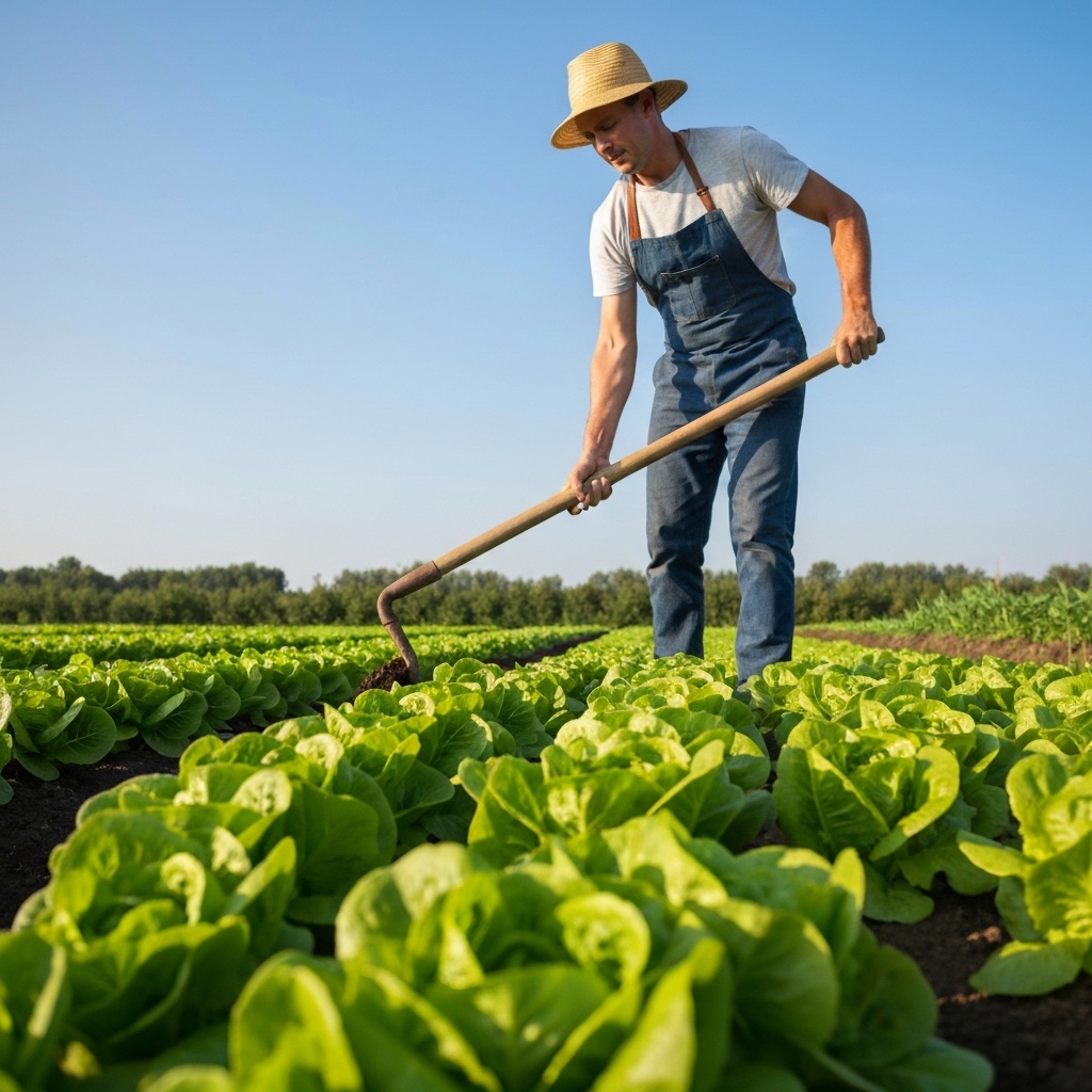 Maraîcher utilisant une houe maraîchère sur une planche de culture en plein soleil