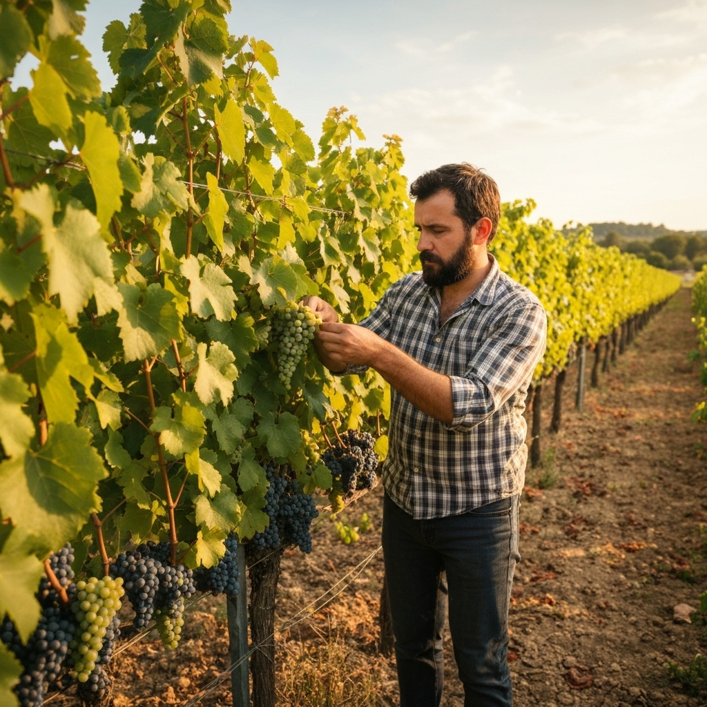 Vigneron inspectant une rangée de vignes après un passage de bineuse mécanique dans le bordelais