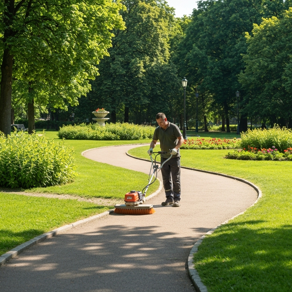 Man using a mechanical weed removal brush machine on a pathway in a public park