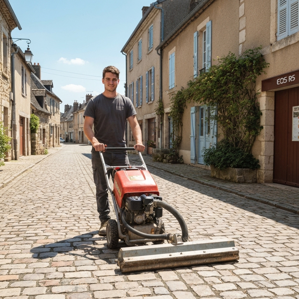 A professional operating a thermal weeding machine on a cobblestone street in a French village, realistic style, sunny day