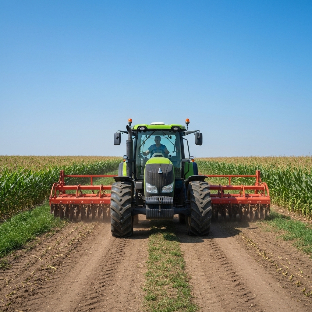 A professional farmer using a thermal weeder in a vineyard with clear blue sky